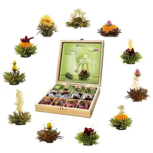 Coffret cadeau en bois contenant 12 fleurs de thé